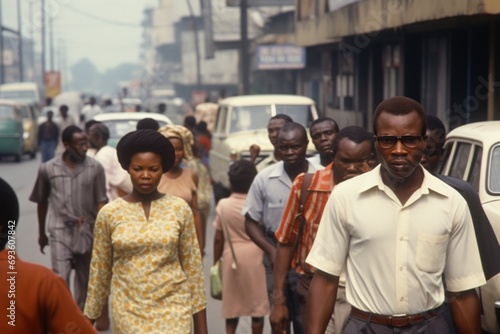 Crowd of African people walking street in 1970s