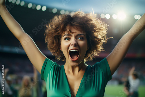 Enthusiastic woman in green, fan cheering for victory in a sports competition. Generative ai image