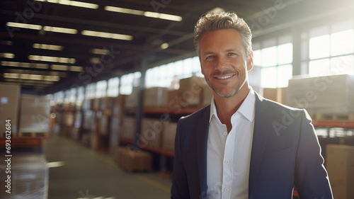 Portrait of man factory owner or manager in business suit on background warehouse. Banner industrial plant process, sunlight