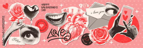 Y2k Collage grunge stickers for Valentine's day with lovely stickers in halftone style . Vintage dotted punk collage elements of lips, eyes, paper and online letters on retro poster. Vector