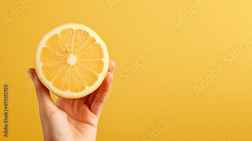 Hand holding sliced lemon fruit isolated on pastel background
