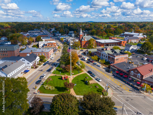 Walpole historic town center aerial view including Old Town Hall and Town Common, Walpole, Massachusetts MA, USA. 