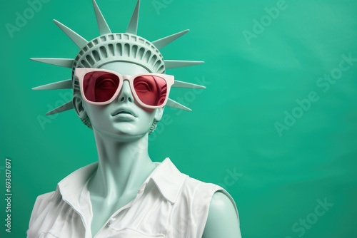 Blue sculpture of the statue of liberty wearing burgundy sunglasses on turquoise background with copy space.