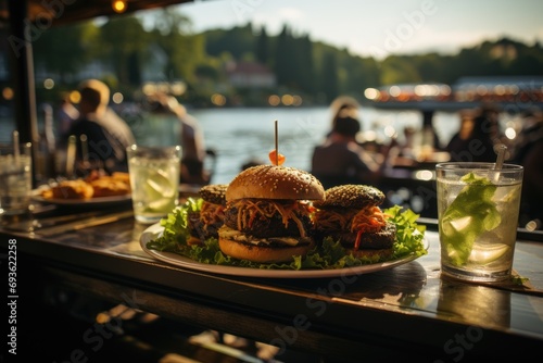 A hamburger with Jalapeños in a cafeteria by the river with rowing boats., generative IA