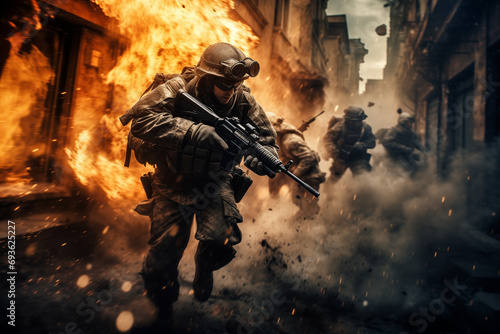 Soldier Advancing Through Chaos and Flames