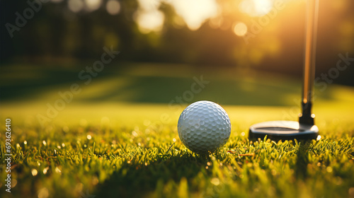 A tee topped with a golf ball and several golf clubs is seen in great detail on a golf course...A tee with a golf ball and multiple drivers is illustrated in an extreme close-up at a golf facility.