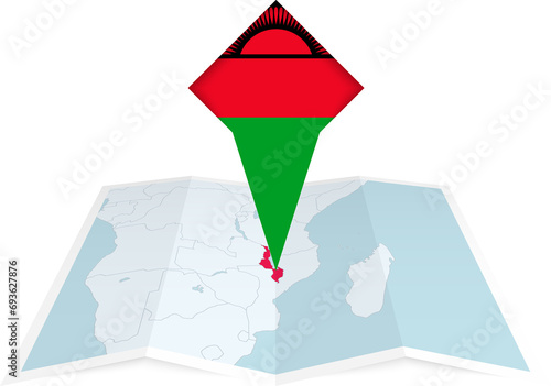 Malawi pin flag and map on a folded map