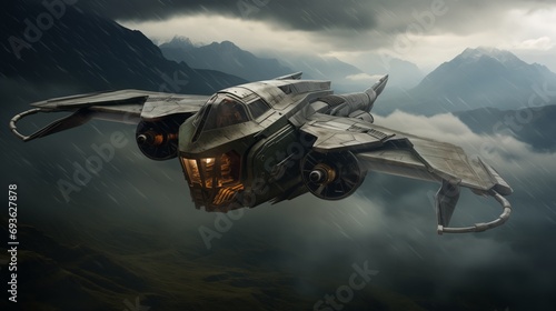 A rustic futuristic aircraft fighter flying through a rain storm, Denver mountains background, stormy