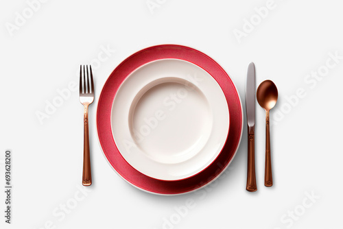 red plate with fork, spoon, knife isolated on transparent background, png file