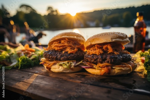 A buffalo meat hamburger at a barbecue party by the river., generative IA