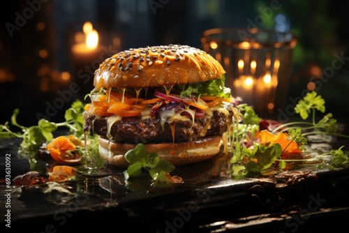 A gourmet hamburger with foie gras in a restaurant on the edge of a stream., generative IA