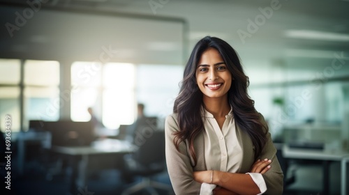 Portrait of indian businesswoman wearing shirt and standing outside conference room. Portrait of happy business lady wearing spectacles and looking at camera with copy space. Satisfied proud female.