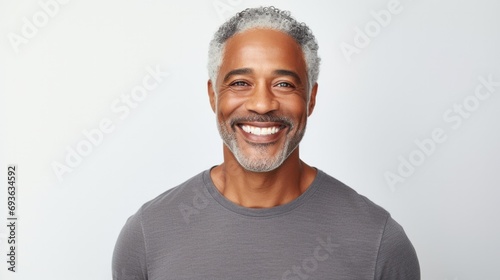 Happy laughing old bearded business man leader executive, smiling middle aged old senior confident professional businessman wearing t-shirt standing isolated on white wall, portrait.