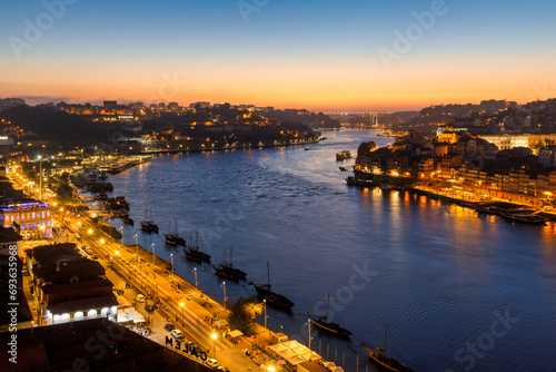 Panoramic view of Douro rive in the city of Porto at sunset, Portugal. 