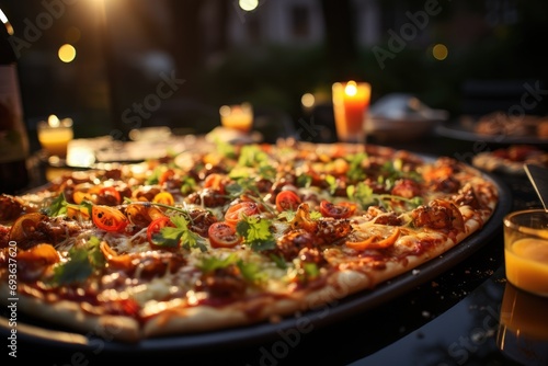 A gelatin pizza at a summer party with barbecue and pool., generative IA
