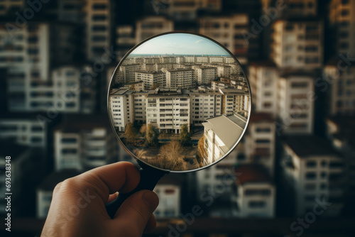 Searching apartment in residential building for purchase. Rental housing market. Magnifying glass focuses on residential complex