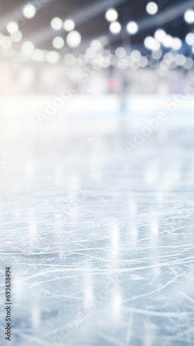 Festive background with ice on the skating rink and bokeh lights. Empty ice skating arena, winter holidays. Copy space.