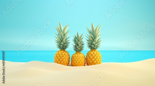 Pineapples On The Tropical Beach Blue Background. Generative AI.