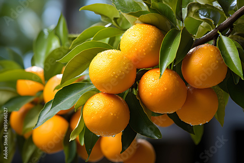 tangerines on a branch in close-up. citrus tree. whole ripe fruits.