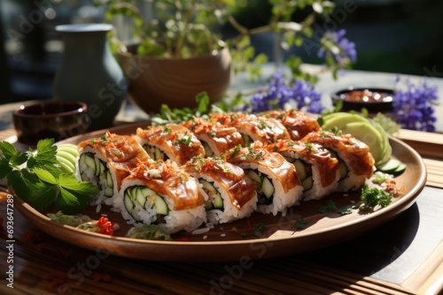 Soft shell crab sushi with lotus flowers on a wooden plate, in a quiet environment., generative IA