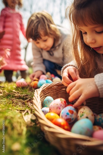 Kids during Easter egg hunt putting eggs in baskets