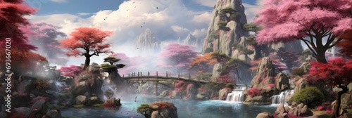 Bright blooming Japanese flower garden, waterfall among rocks and flowers, banner