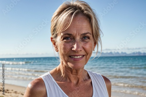 elderly old woman in on the beach wearing beachwear on a tropical vacation, being healthy and living a good life