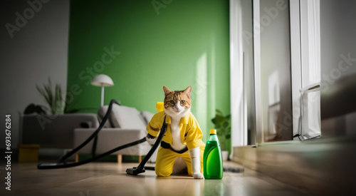 cat janitor in a janitor's suit cleans the house with a vacuum cleaner, cleaning company concept.