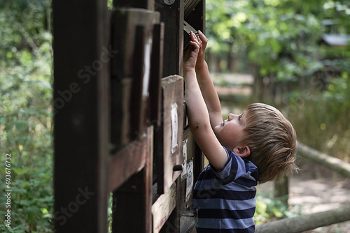 Young boy in natural playground with expression of deep concentration, curiosity and discovery, innate desire of children to understand and interact with world around. Sensory environment for child