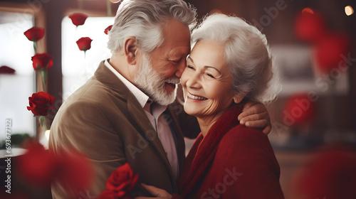 Senior couple hugging and smiling celebrating Valentine's Day, women's Day, wedding anniversary. A mature couple husband and wife are happy spending time together. The concept of romantic relationship