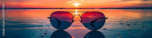 A minimalist photo of a pair of sunglasses reflecting a stunning summer sunset