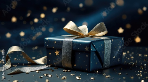 a blue gift box with gold stars on a dark background