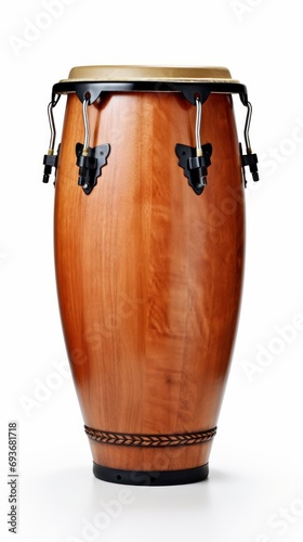 Wooden conga drum isolated on white background. Traditional percussion musical instrument of Afro-Cuban and Latin American culture. Suitable for music-related projects and cultural designs. Vertical