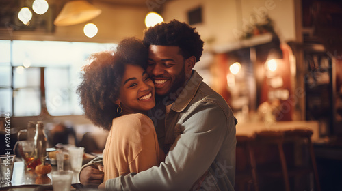 Portrait of a beautiful young black lovers hugging, smiling and loving each other. A couple of men and a woman in love celebrate Valentine's Day in a cozy cafe. The concept of romantic relationships.