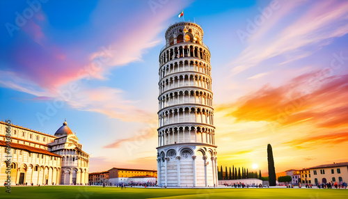 Oil painting on canvas, Pisa tower at sunset. Italy