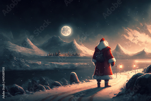 santa clause walking on the snowy path