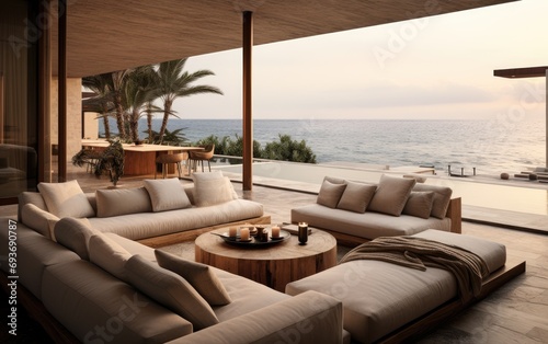 A modern living room connected to an outdoor terrace