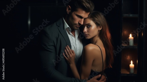 Couple hugging in the dark with a glowing light