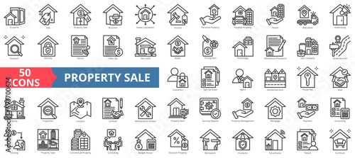 Property sale icon collection set. Containing estate liquidation,business,auction,ownership,management,home relocation,home inspection icon. Simple line vector illustration.