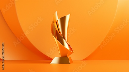 A dynamic gold-plated trophy with dynamic angles, isolated on a radiant orange background.