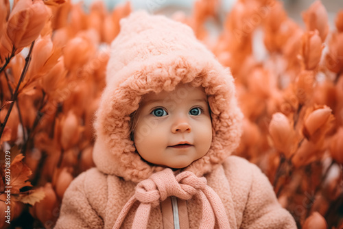 A baby with striking blue eyes wearing a fluffy pink hooded coat against an orange floral background.