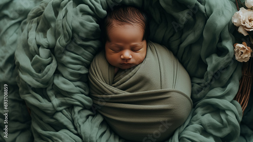 A newborn baby peacefully sleeping, wrapped in a soft green blanket, with delicate flowers nearby.