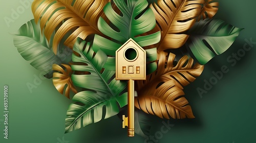 A golden house-shaped key placed against a background of gold and green palm leaves.Real estate concept.