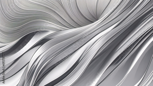 Abstrakcyjna srebrna fala, chromowany baner, platynowa przestrzeń kopiowania, metalowy ruch, szary płyn, biały gradientowy blask, błyszczący materiał, płynny ruch.