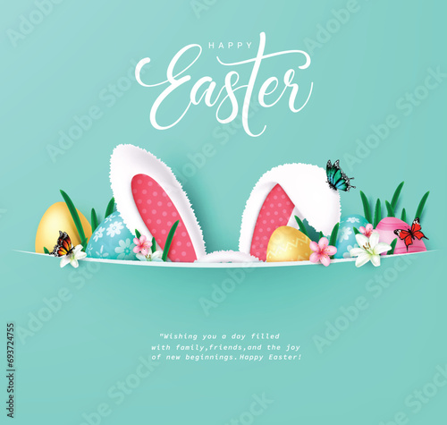 Happy easter greeting text vector template. Happy easter greeting card with bunny ears and cute eggs decoration elements for seasonal celebration background. Vector illustration easter greeting card. 