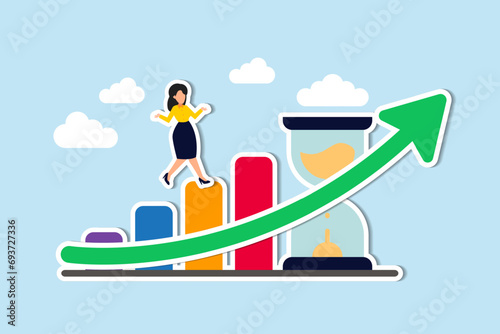 Time value of money, long term investment, compound growth or success growing business, make profit or investment gain concept, woman walk up growth rising up graph with sandglass metaphor of time.