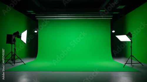 Professional photo studio setup with green chroma key background and lighting equipment. Videography concept. Generative AI