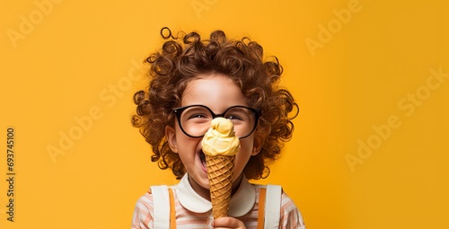 Funny child with glasses licking and eating an ice cream cone on isolated yellow studio background.