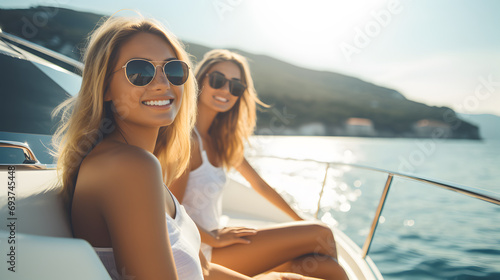 Beautiful two women enjoying luxurious boat cruise, sea travel