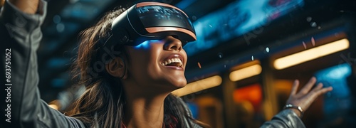 A lovely girl interacts with pals interactively using a virtual reality headset. Wear virtual reality glasses to watch entertainment. Present-day technologies of the future.